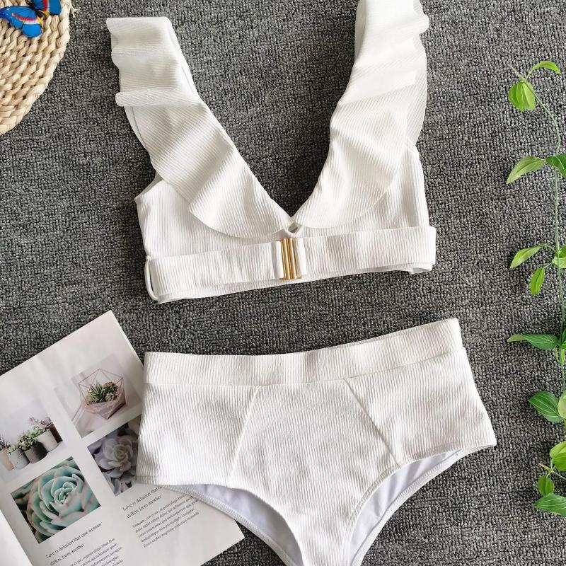 Womens Swimwear Bikini 2025 Sexy Swimsuit Women Ruffle V-neck Metal Buckle High Waist White Beach Bikinis Set Bathing Suit Push Up