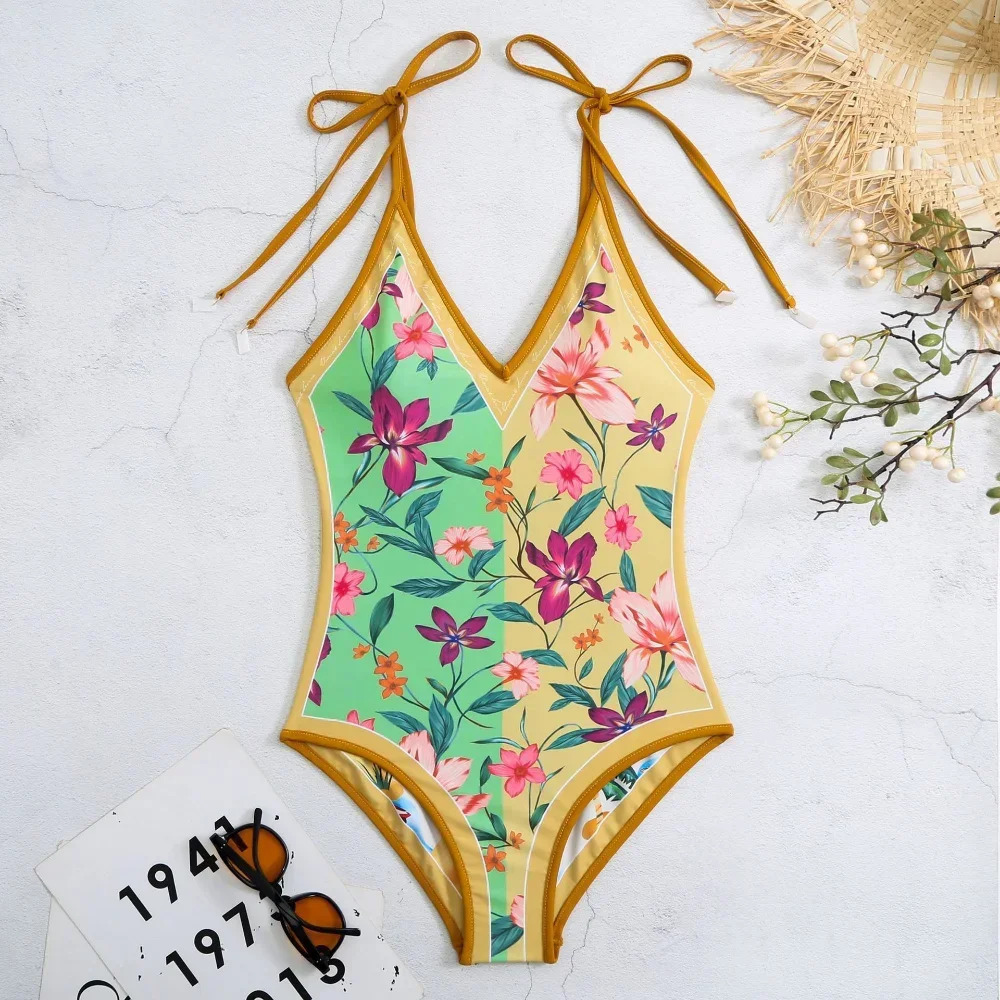 Vintage Printed Double-sided Wear Swimming Bathing Suit Women Bandage Sexy One Piece Swimsuit Beachwear Swimwear Woman 250206
