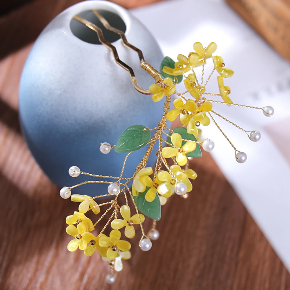 U-shaped Hairpins Hair Stick For Women Chinese Hanfu Hair Accessories Flower Pearl Tassel Yellow Headawear Retro Party Jewellery 250221
