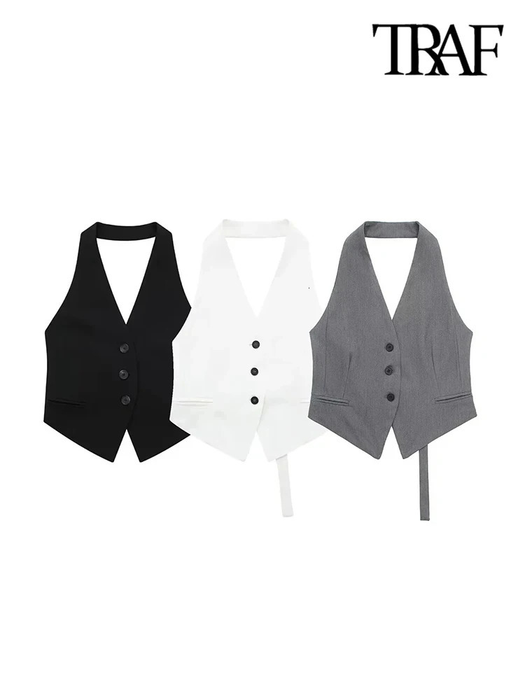 TRAF Women Fashion Backless Halter Neck Waistcoat Sexy Sleeveless Buttonup Female Outerwear Chic Vest Tops 250207