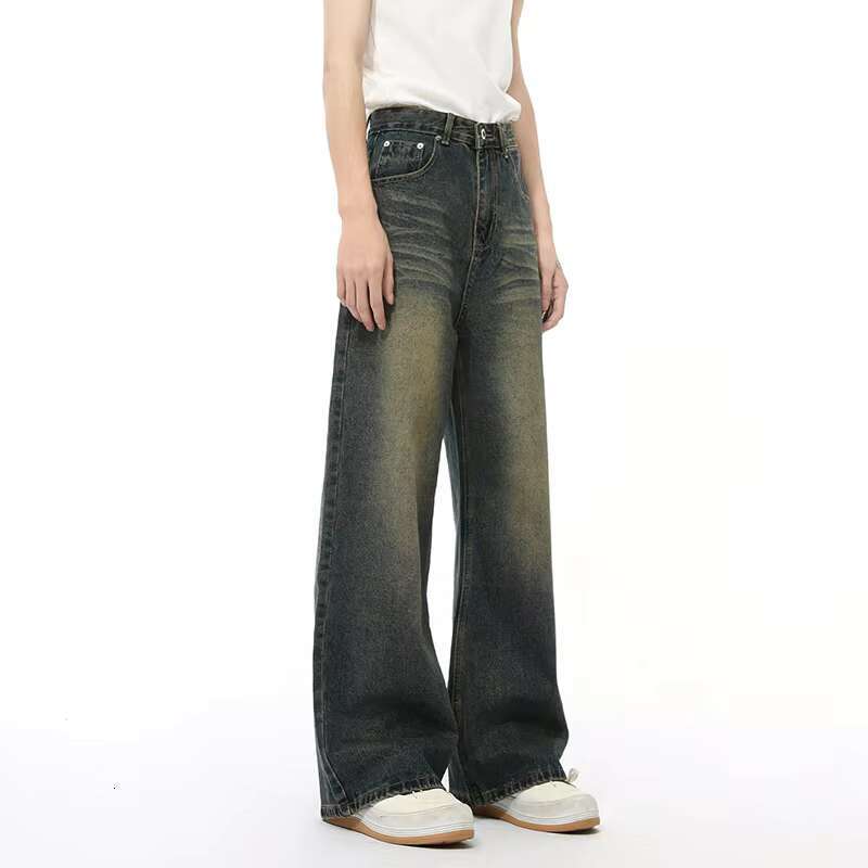 IEFB American Style Men's Jeans Solid Color Droop Worn-out Trousers Straight Wide Leg Loose Male Denim Pants Autumn 2024 9C8081