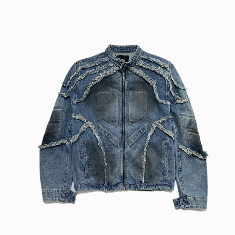 LUZHEN American Tassel Burr Shoulder Pad Motorcycle Jacket Wornout Personalized High Street Short Denim Top Men LZ8149 250207