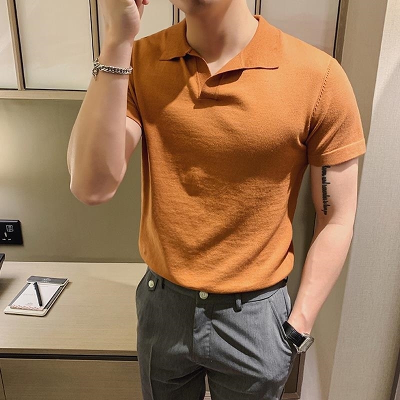 Men Ice Silk Openwork Knitting Lapel Short Sleeve Mens Polo Shirt Slim Polo Shirt Mens Polo Shirts with Short Sleeve H134 250208