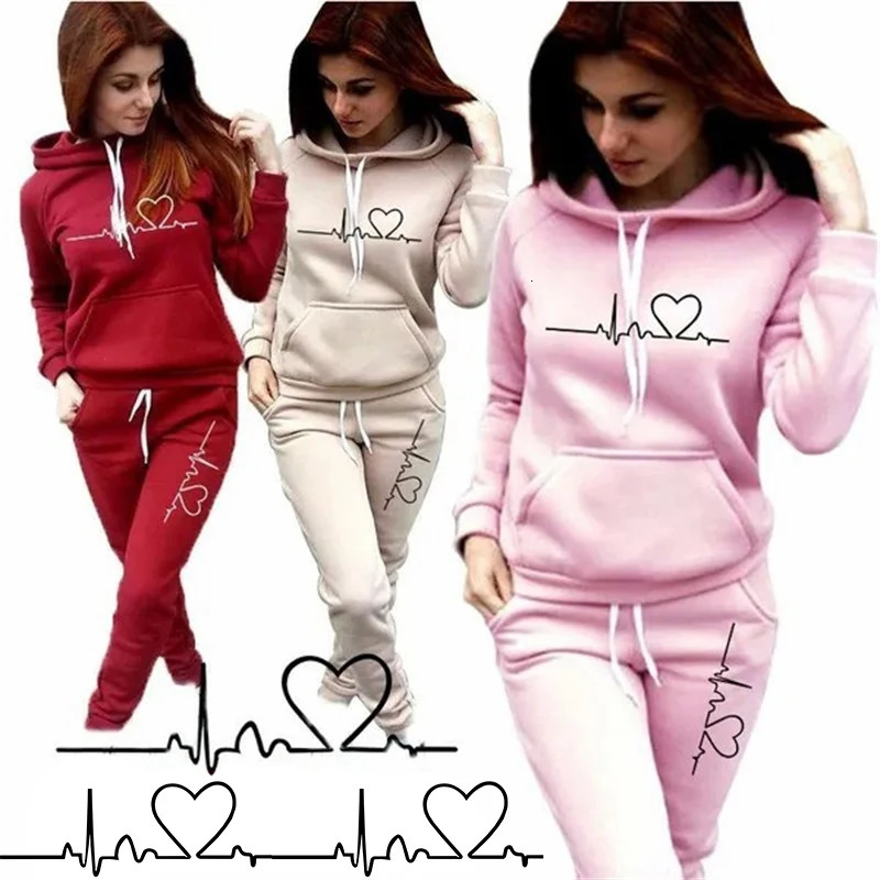 Fun Heartbeat Line Printed Womens Sweatshirt Suit Hooded Pants Suit Womens Jogging Sweatshirt Two Piece Set 250207