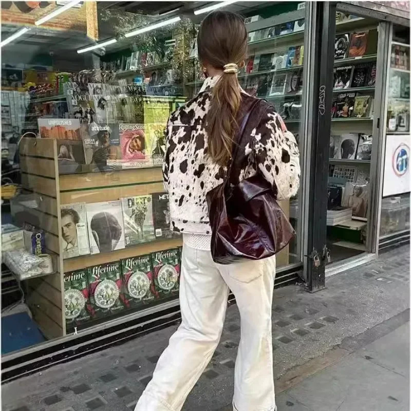 Fashion zipper spotted printed short jacket for womens casual long sleeved button pocket jacket autumn womens street jacket 250207