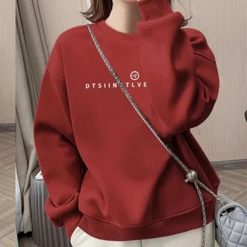Office Lady Korean Pullover Round Neck Flocking Lantern Long Sleeve Printing Letter Casual Womens Clothing Autumn Winter Tops 250208Z