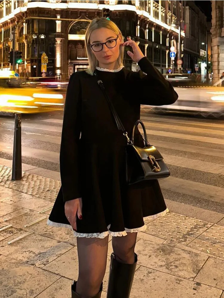 Splice Lace Mini Dress For Women High Waist Slim Elegant Dresses Femme Wedding Retro Temperament Clothes 250206