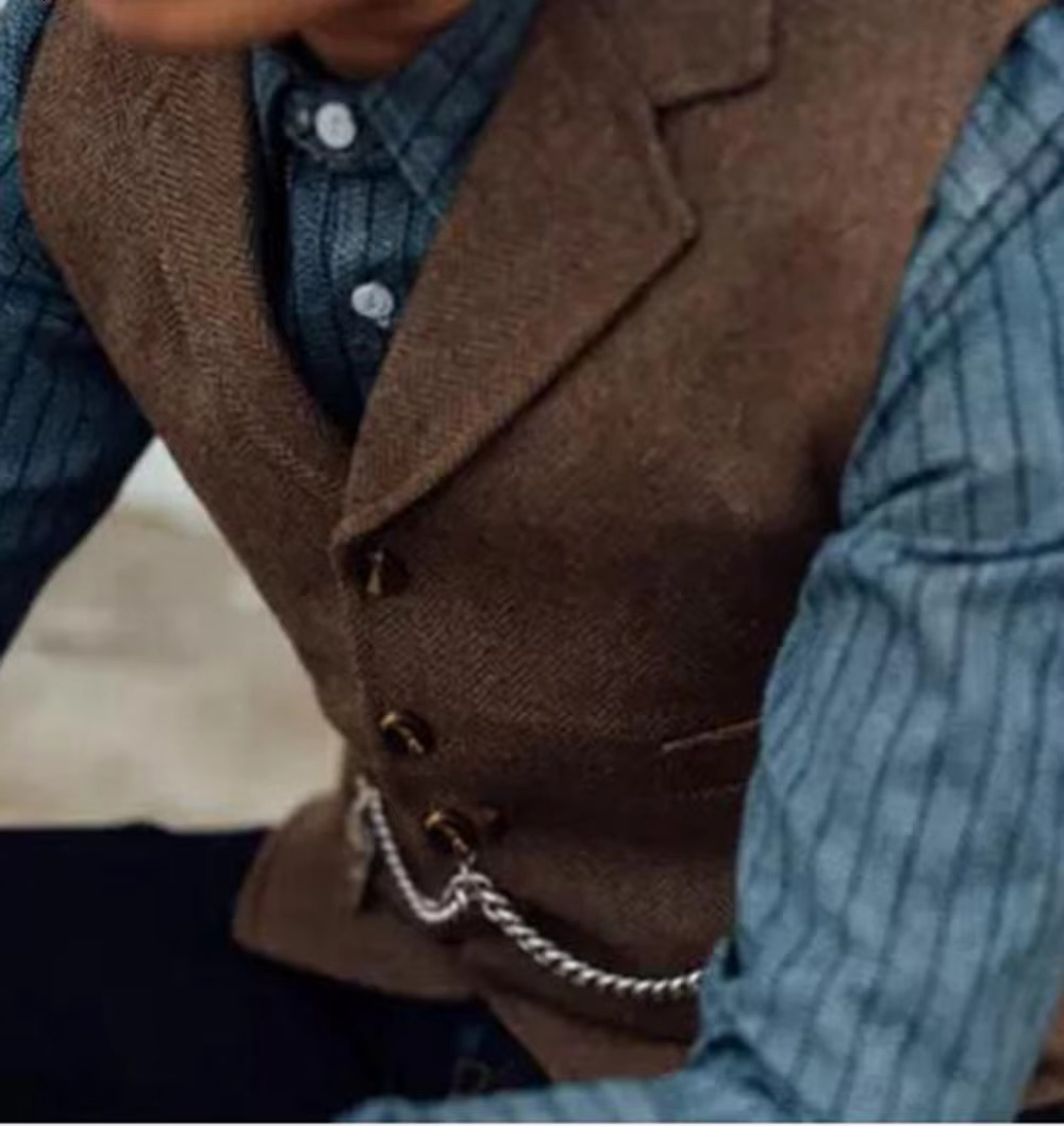 Business Mens Suit Vest Lapel V Neck Wool Herringbone Brown Waistcoat Casual Formal Groomsman Jacket For Wedding