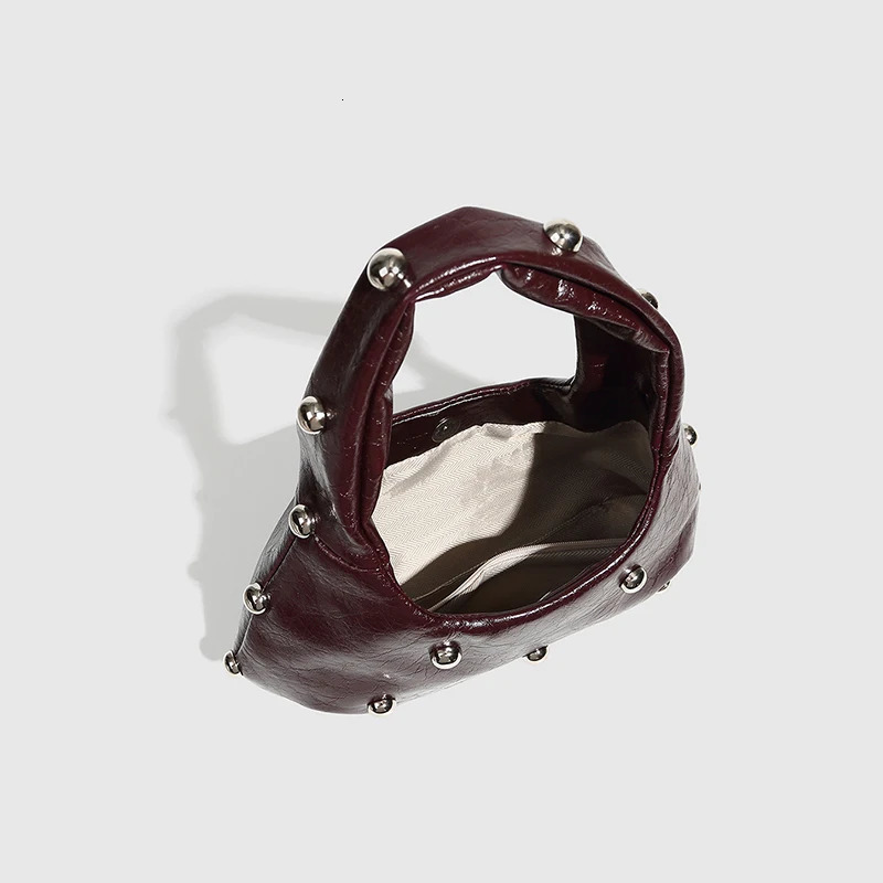 Mushroom Rivet Cowhide Shoulde Bag Brown Fashion Handbag Underarm Bag 2025 High-end Niche Silver Metal Lady Bag 250208