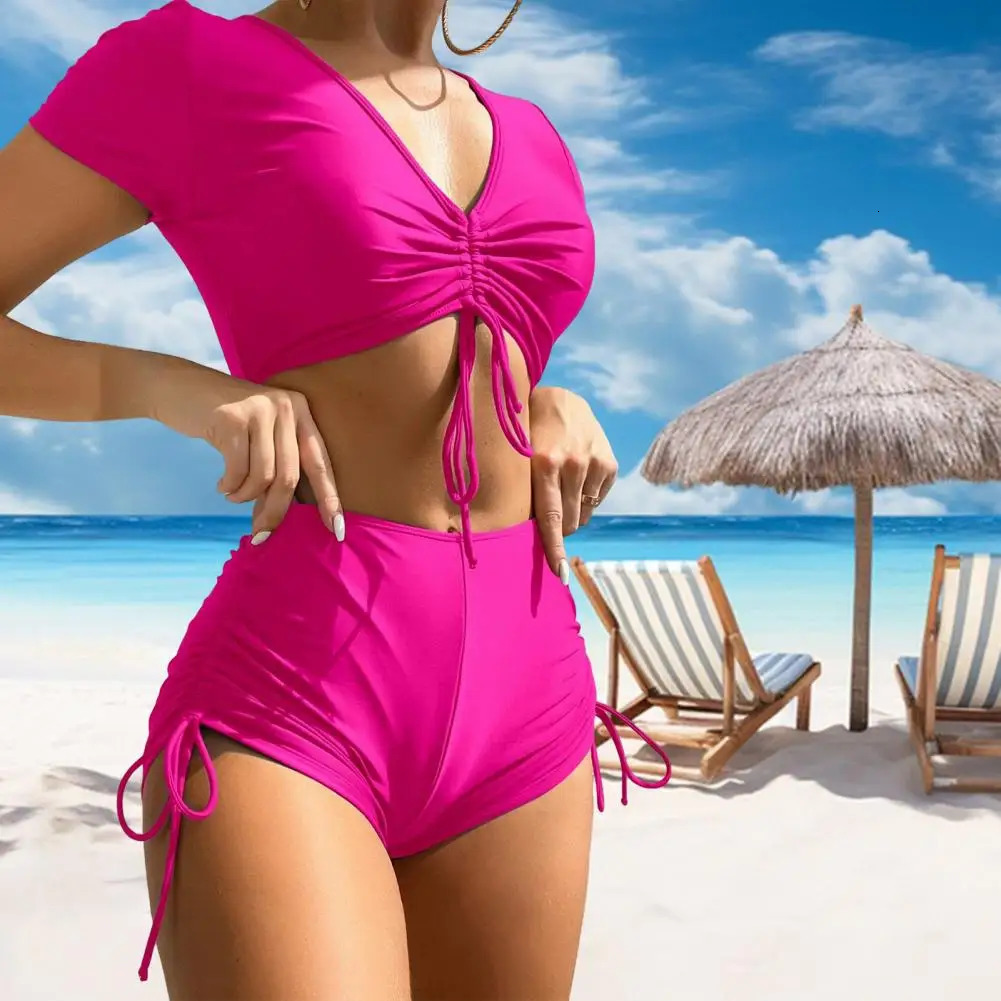 2Pcs/Set Summer Bikini Set V-Neck Short Sleeve Tops High Waist Drawstring Swimming Trunks Solid Color Quick Drying Swimsuit 250206