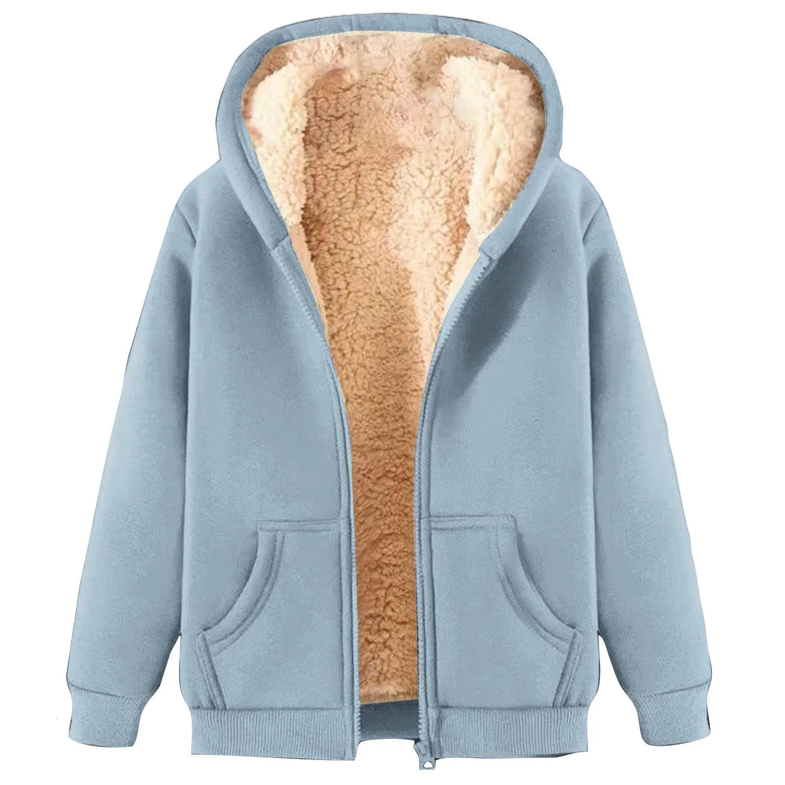 Women Autumn Winter Warm Zip Up Hoodies Casual Plush Oversized Hoodie Solid Color Fluffy Zipper Sweatshirt Blouse 250208Z