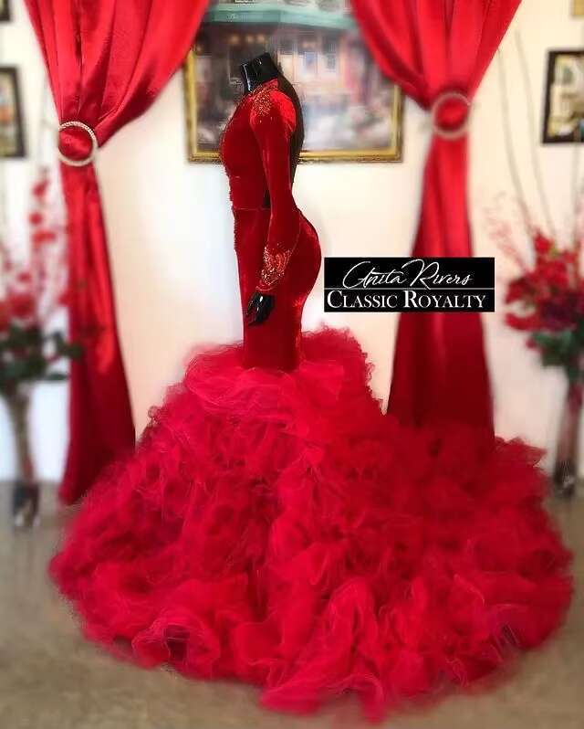 Red Aso Ebi African Dresses Mermaid Sleeves Appliques Long Dubai Arabic Black Girls Evening Gown Prom Customized