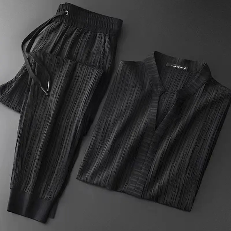 Summer Mens Simple Solid Two Piece Sports Shirt Flip Collar TshirtPants Casual Set Office Wear 250207