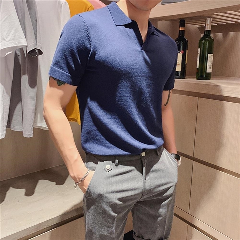 Men Ice Silk Openwork Knitting Lapel Short Sleeve Mens Polo Shirt Slim Polo Shirt Mens Polo Shirts with Short Sleeve H134 250208