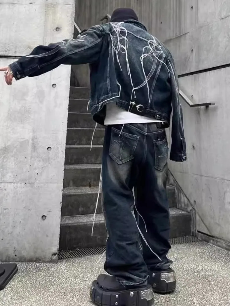 High Street Mens Loose Fit Tassels y Denim Jacket Jeans Two Piece Set Stage Show Outfits Hip Hop Cowboy Sets 250108