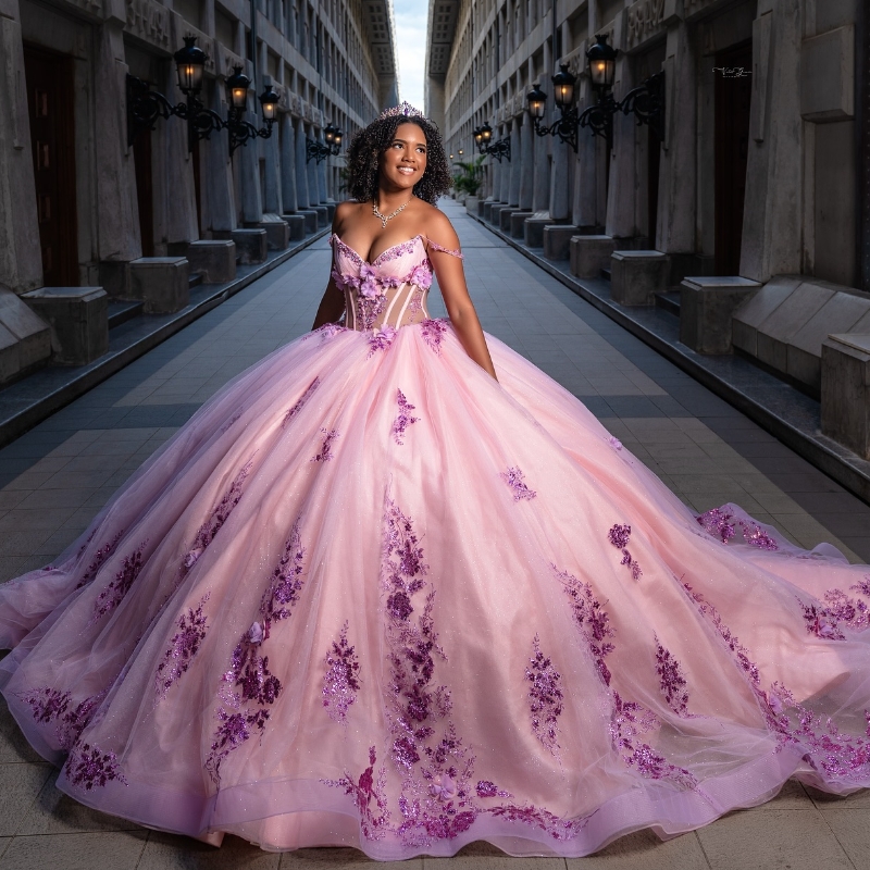 Pink Quinceanera Dresses Ball Gown Off The Shoulder Sequin Applique Lace Beading Crystal Tull Party Birthday Sweet 16 Dress Vestidos 15 anos