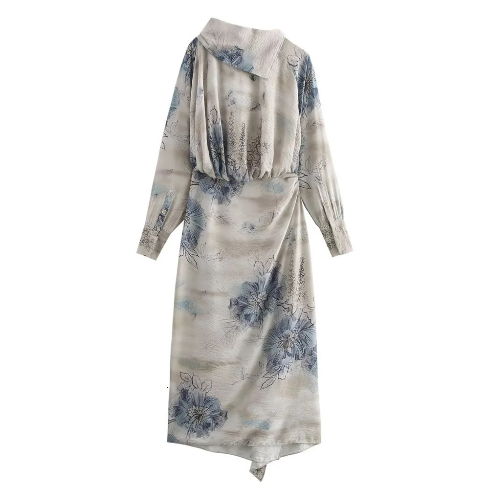 TRAF Autumn Womens Warm Slimming Curly Hair Necklace Printed Long Sleeve Folded Decoration MIDI Dress 250207