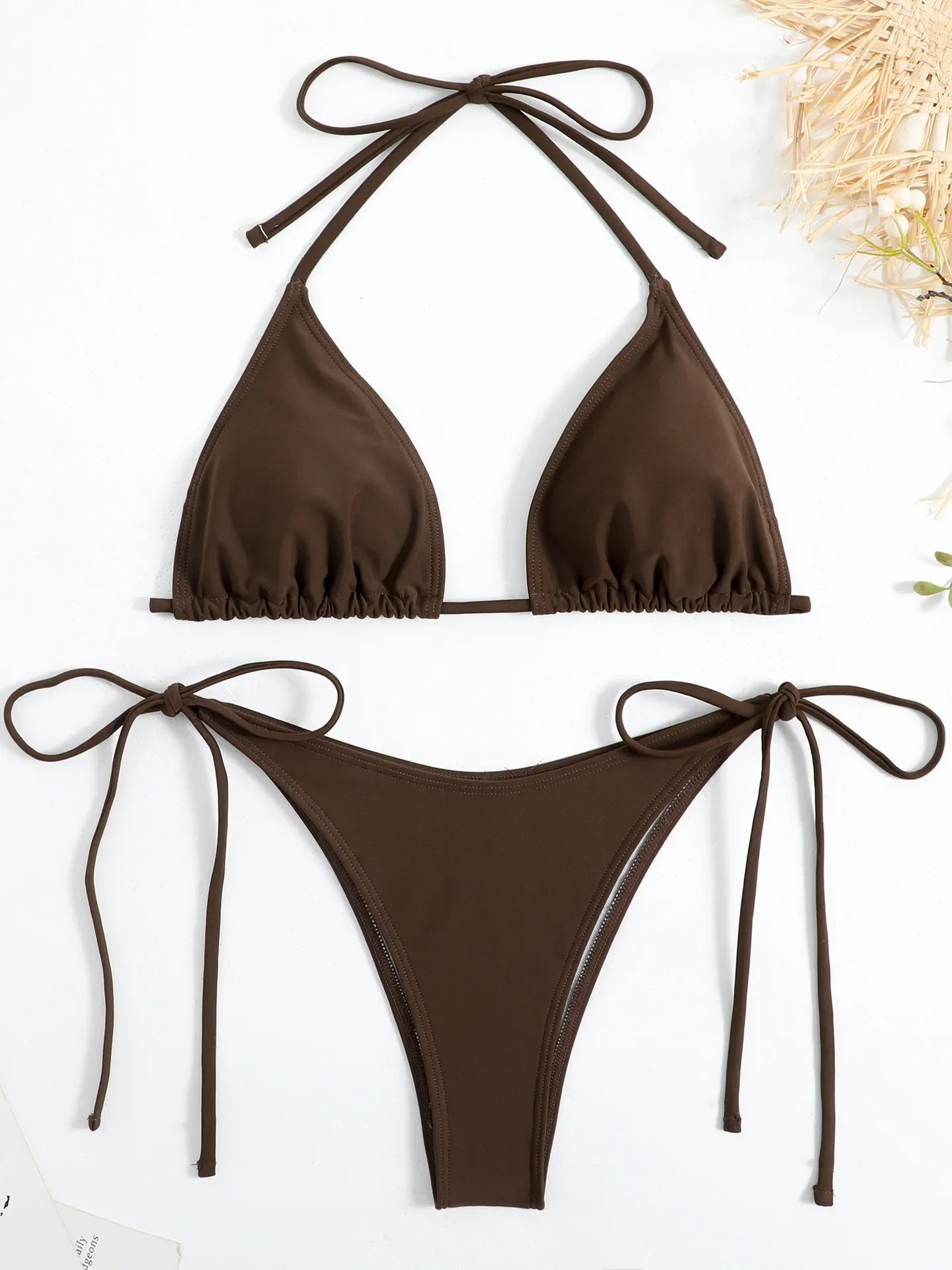 Sexy brown bikini 2024 womens solid red suspender push up bra tie side triangle swimsuit summer lace top mini 250208Z