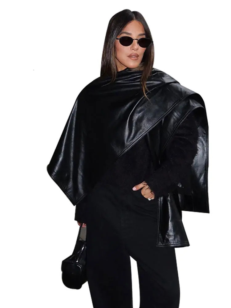 Shawl Cloak Leather Jacket Black Short Trench Coat Scarf Overcoat Niche n Temperament Fashion Loose Cape Fall Winter Women 250107Z