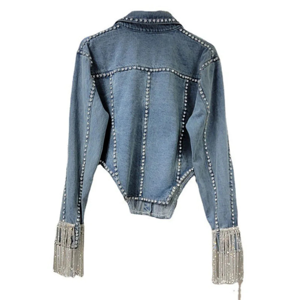Autumn Clothes Diamond Chain Tassel Denim Jacket Women Irregular Slim-Fit Heavy Handmade Jean Jacket Casacos Feminino 250122