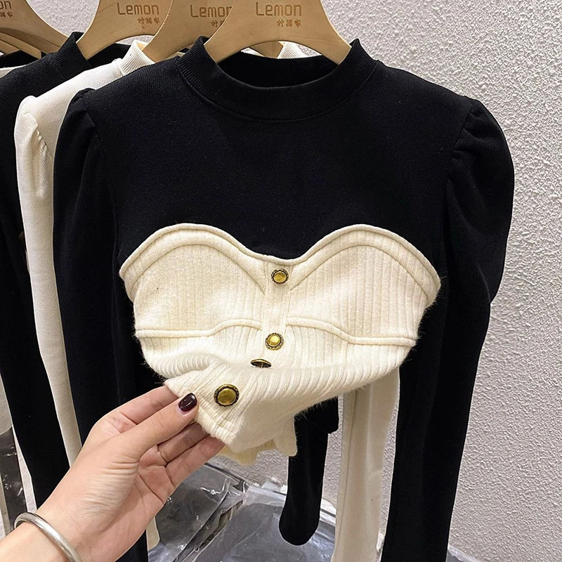 Elegant Patchwork T Shirt Streetwear Long Sleeve Crop Tops Fall Winter Korean Fashion Chic Buttons Slim All Match Tees 250114Z