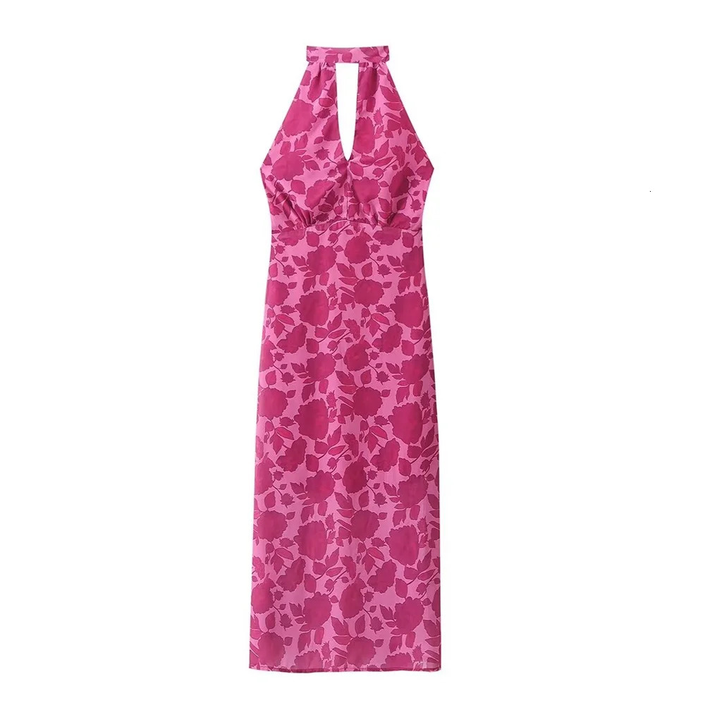 TRAF 2024 Summer Product Womens Stylish Sexy Open Back Sleeveless Hanging Neck Collar Slimming Printed Midi Dress 250207