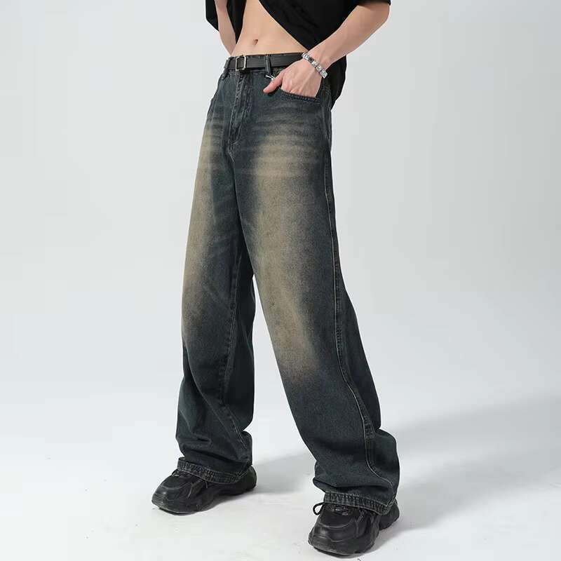 Men's Jeans Straight Loose Wide-leg Denim Pants Casual Trousers Vintage Classic Make Old Four Seasons Fashion Streetwear Blue