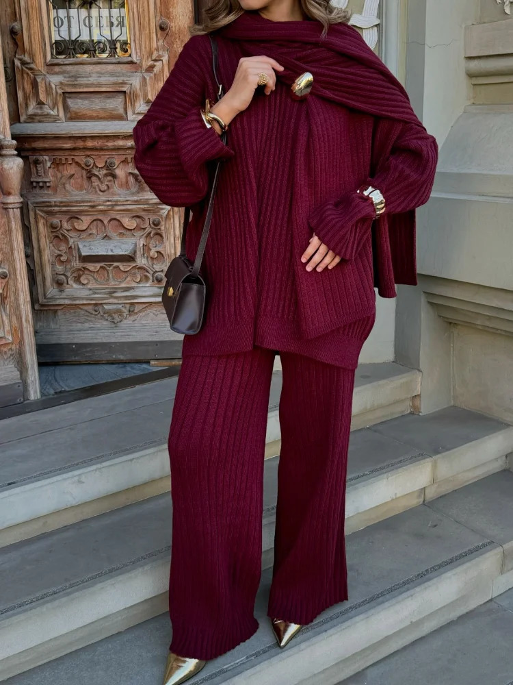 Elegant Burgundy autumn long sleeved sweater set fashionable knitted scarf with floral pattern Trouser set womens warm streetwear 250207