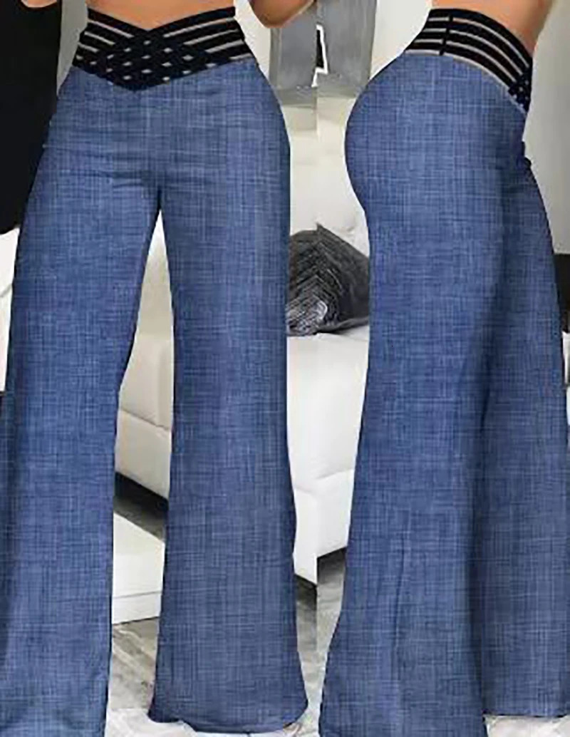 Women Flared Pants Elegant Office Lady Casual High Waist Trousers Spring Summer Solid Crisscross Sheer Mesh Patch Wide Leg Pant 250109
