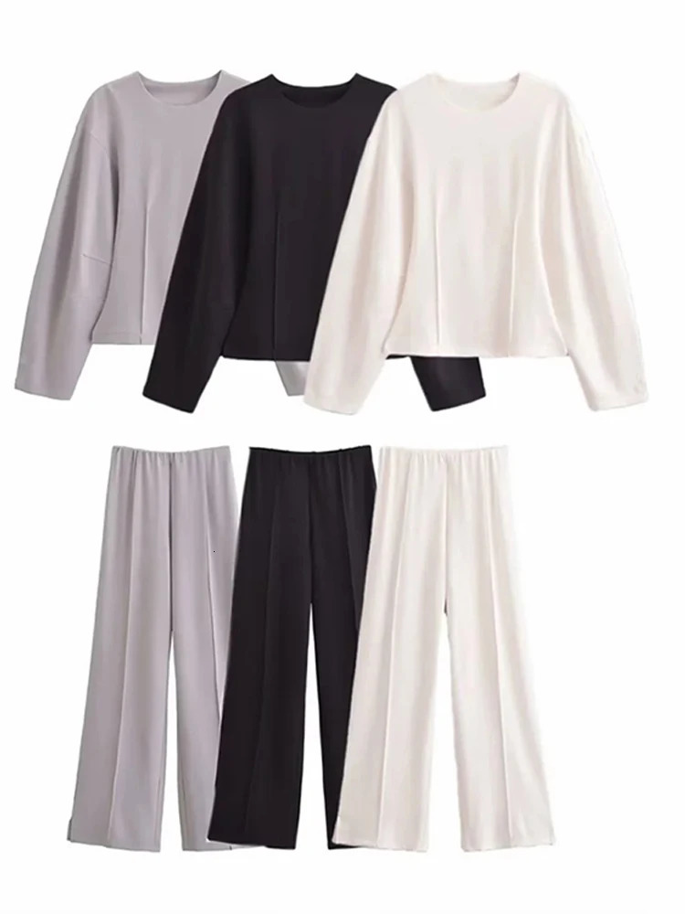 Womens Two Pieces Set Pant Sets Crop Long Sleeve Sets Elegant Womens Suits High Waist Wide Leg Trousers Outfit Streetwear 250207