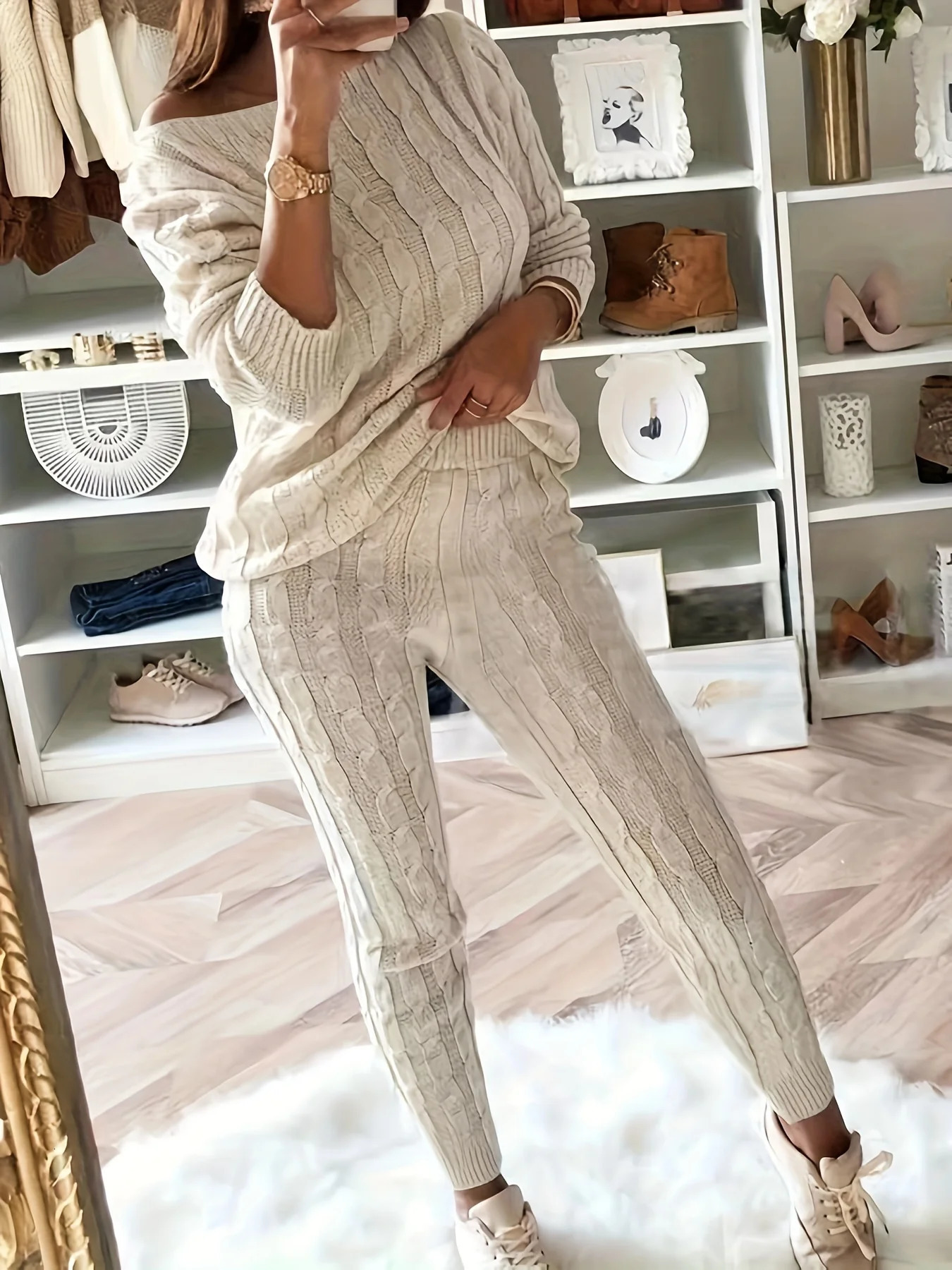 Solid knit matching two-piece casual long sleeved sweater and pants for womens wear 250207