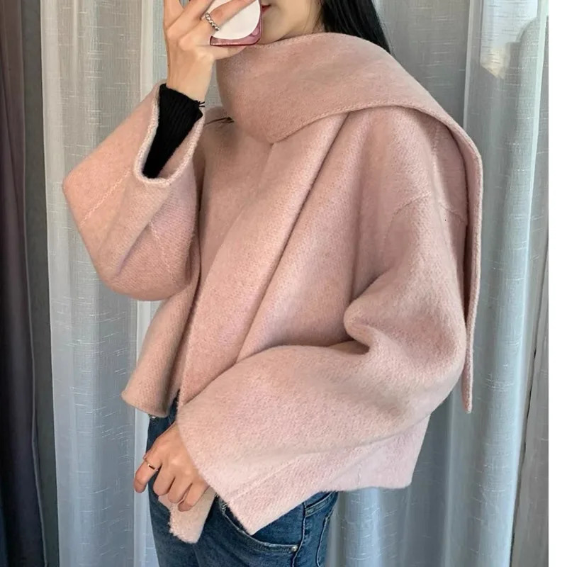 EWQ Fashion Allmatch Long Sleeve Scarf Collar Female Doublefaced Cashmere Coat Women Woolen Coats 2025 Winter Short Jacket 250109Z