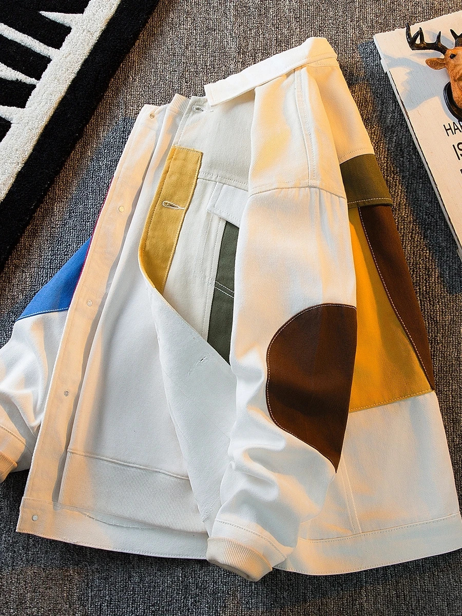 Color Patchwork Personalized Vintage White Denim Jacket Mens Casual Cargo Top Loose Fit American Style Spring Autumn Outerwear 250207