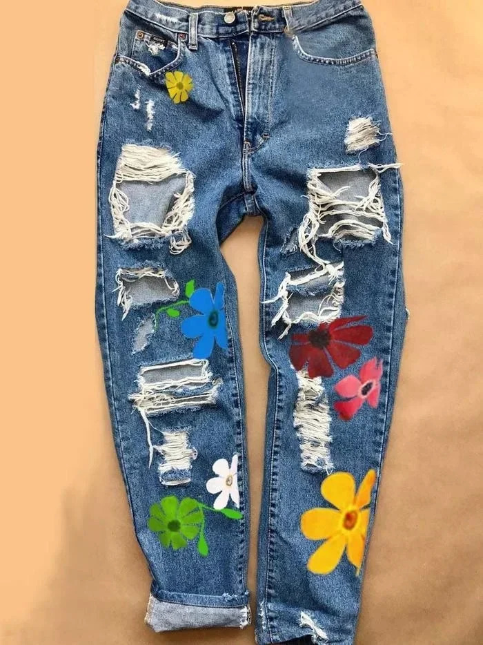 Printed Ripped Fashion High Waist Four Seasons Straight Through Womens Jeans Trousers 250206