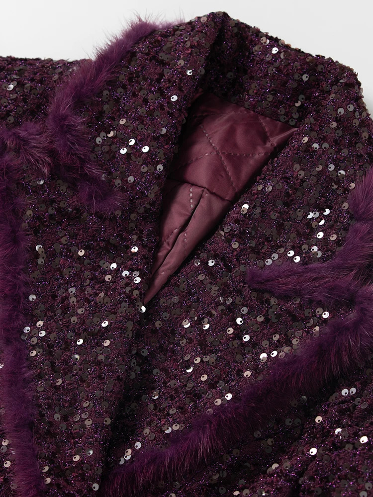 Seasixiang Double Breasted Sequins Tweed Coat For Women Turndown Collar Long Sleeves Feathers Office Lady Outerwear Female 250109Z