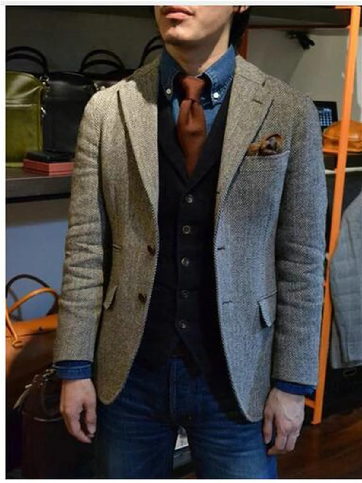 1Pieces Blazer For Men Herringbone Jacket Business Office Coat Winter Warm Wool Suit Lapel Single Breasted Clothes