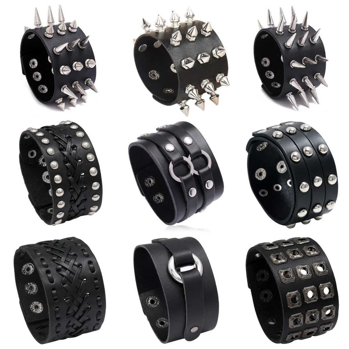 Newest Wide PU Leather Bracelet Punk Bracelet Adjustable Goth Cuff Bracelet Gothic Rivet Buckle Wristband For Women Mens Jewelry Y250208
