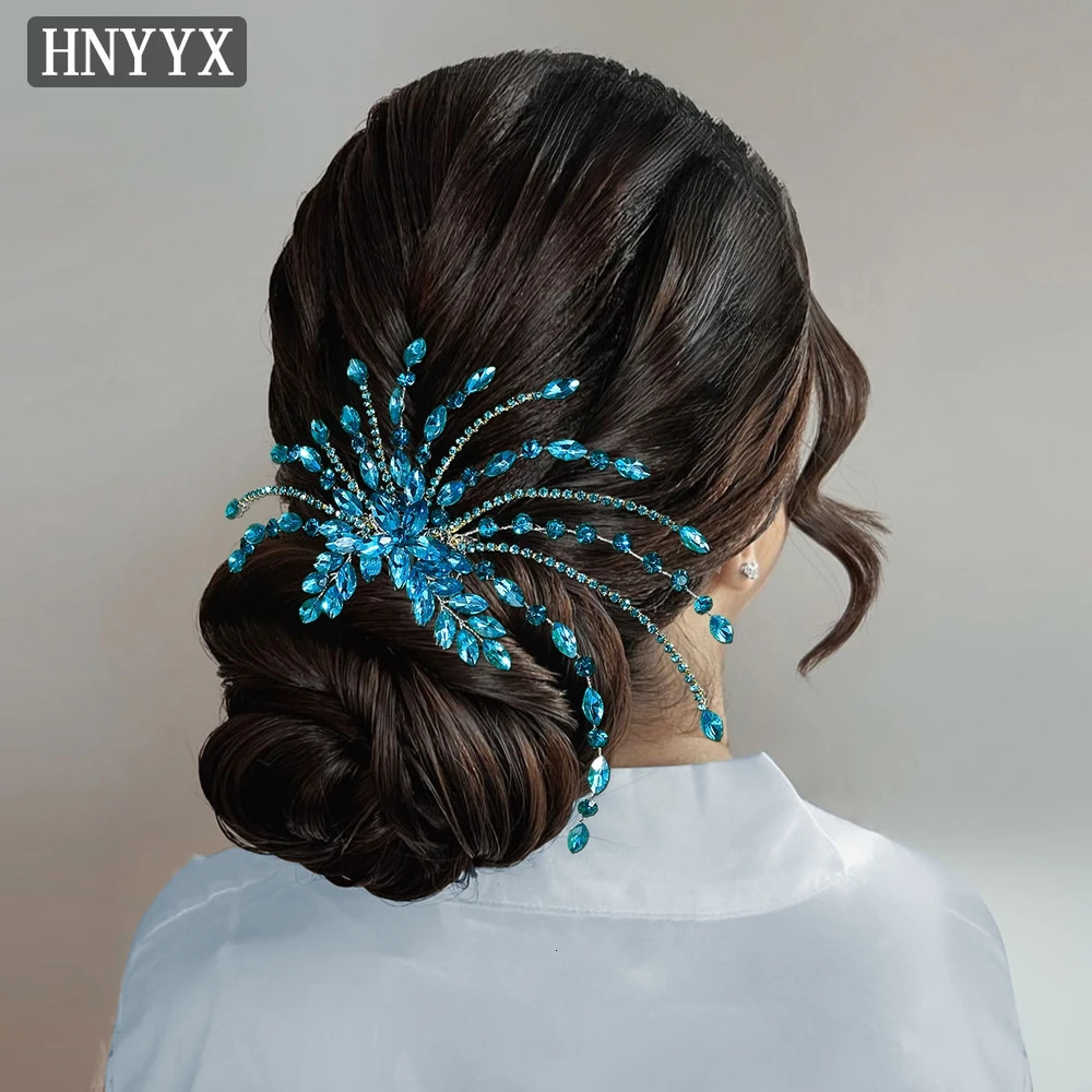 HNYYX Blue Full Rhinestone Hair Comb Elegant Womens Hair Accessories Bridal Hair Clip Wedding Bridal Headpieces A269 250221