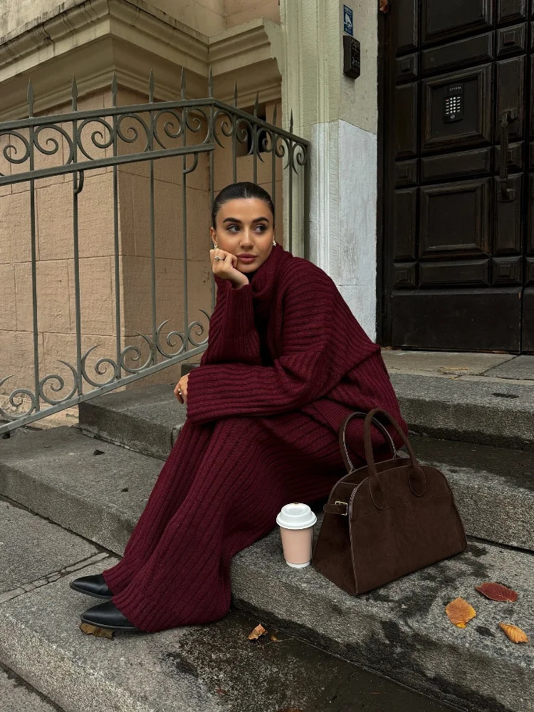 Elegant Knitted Burgundy Red Set Womens Autumn Long sleeved V-neck Loose Top with Scarf Fashion Elastic Wide Leg Pants Set 250207
