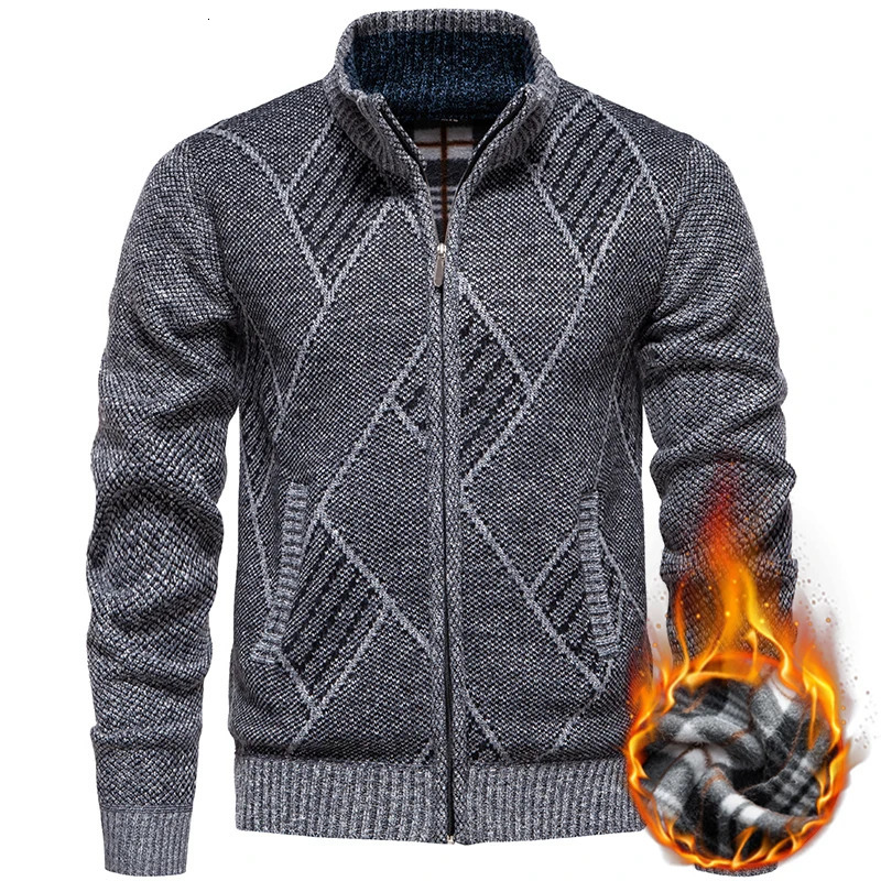 Mens Knitted Sweater Autumn Winter Warm Thick Cardigan Fashion Casual Parka Coat Plaid Stand Up Collar Men Clothing 250207