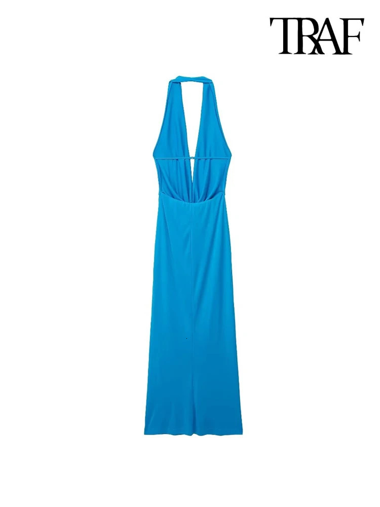 TRAFWomens Draped Halter Neck Midi Dress Backless Back with Strap Party Female Dresses Sexy Fashion 250207