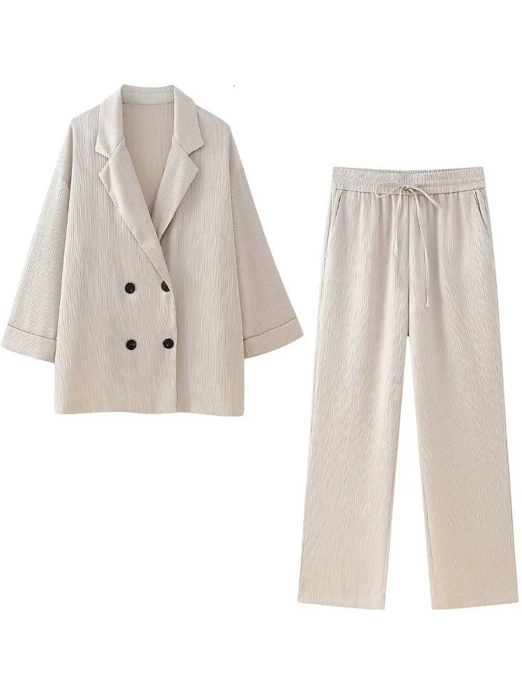 Willshela Women Fashion 2 Piece Set Solid Double Breasted Blazer Vintage Elastic Waist Trousers Feamle Chic Lady Pants Sets 250207