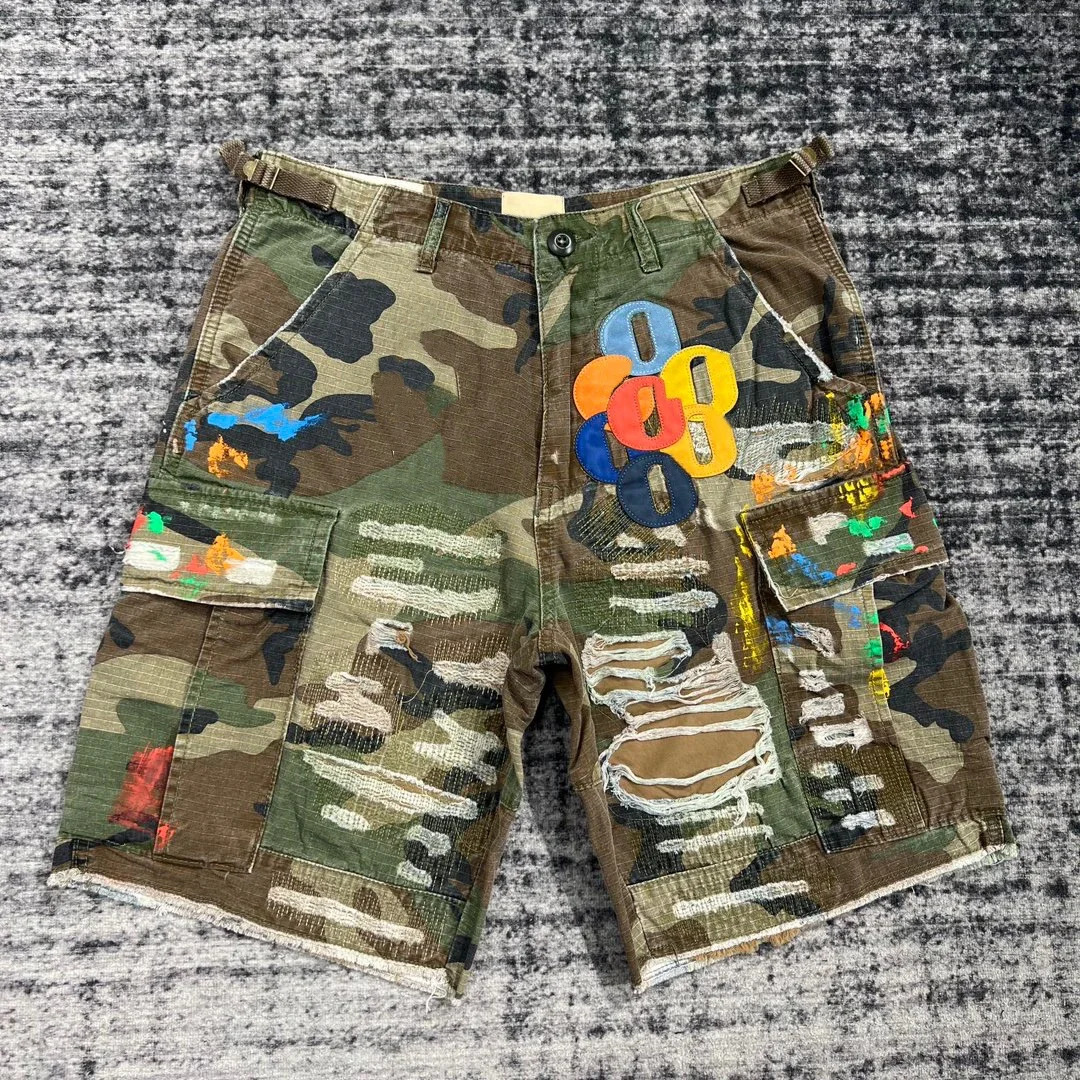 Summer Fashion Camouflage Splicing Leather Letter Washed Retro Knee Jeans Men Women Shorts 250208