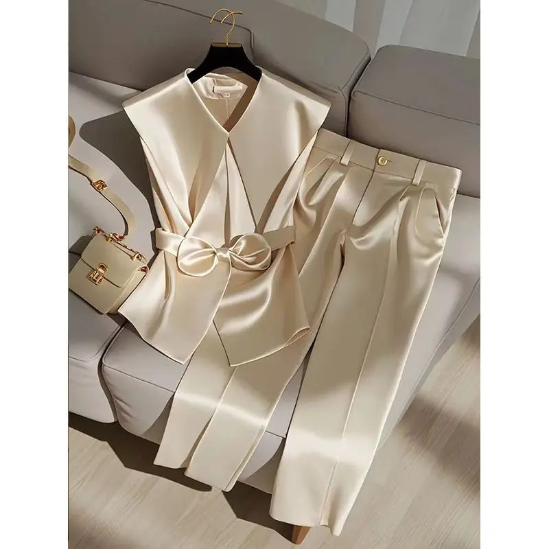 Fashion satin celebrity suit elegant OL Peter Pan collar bow sleeveless vesthigh waist wide leg pants two-piece set 376P 250207