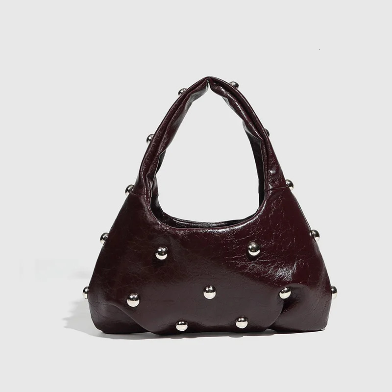 Mushroom Rivet Cowhide Shoulde Bag Brown Fashion Handbag Underarm Bag 2025 High-end Niche Silver Metal Lady Bag 250208