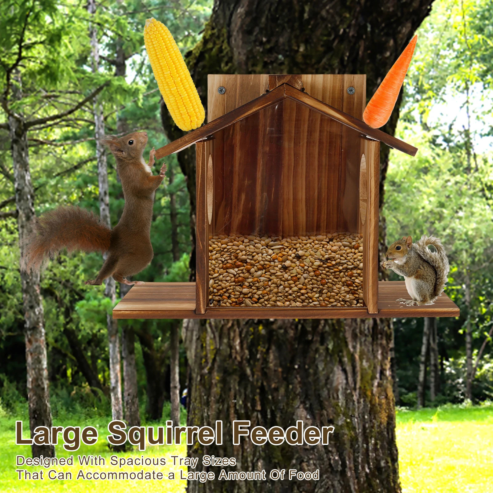 Wooden Squirrel Feeder Large Capacity Squirrel Feeder House with Roof Squirrel Feeding Stations Garden Decor for Corn 250207