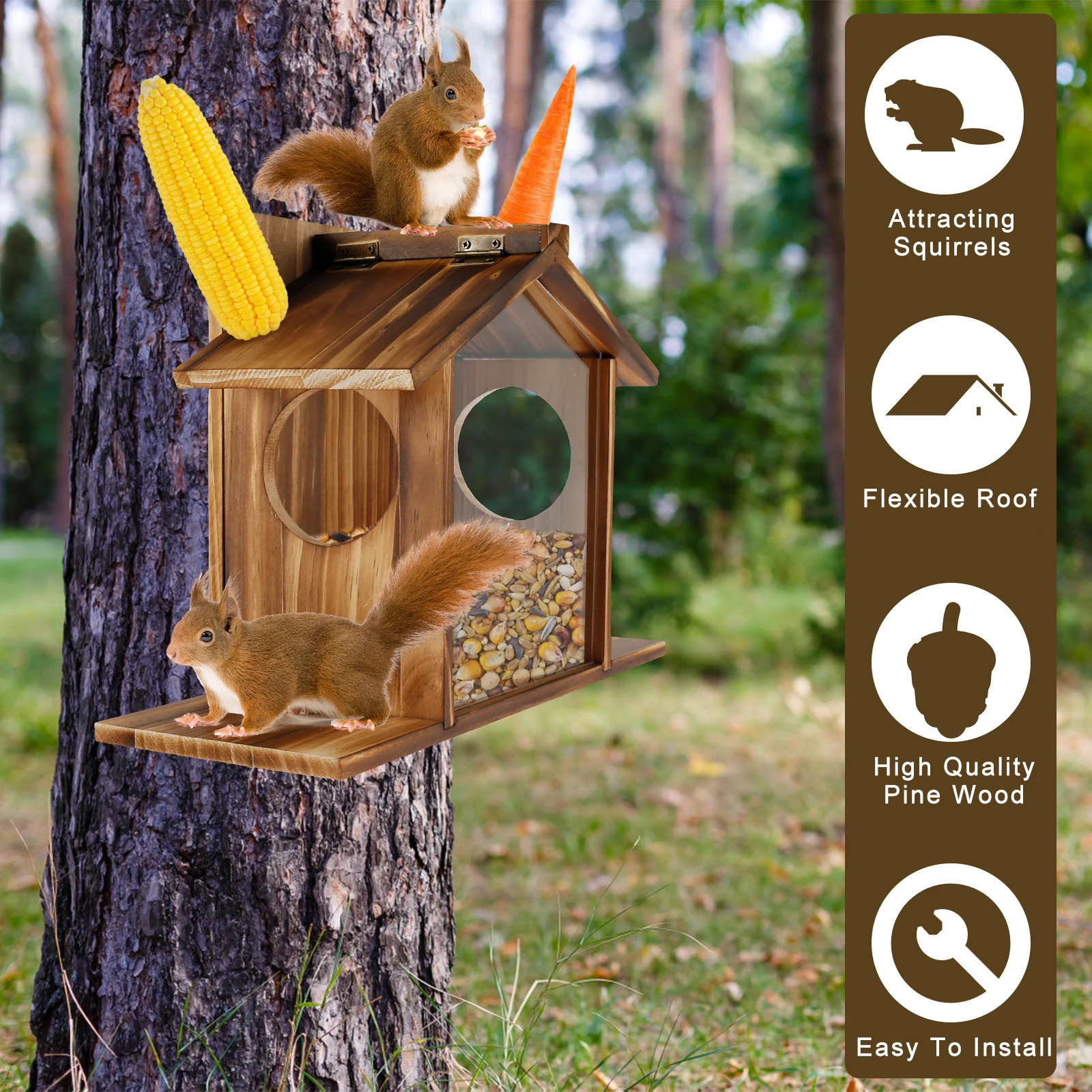 Wooden Squirrel Feeder Large Capacity Squirrel Feeder House with Roof Squirrel Feeding Stations Garden Decor for Corn 250207