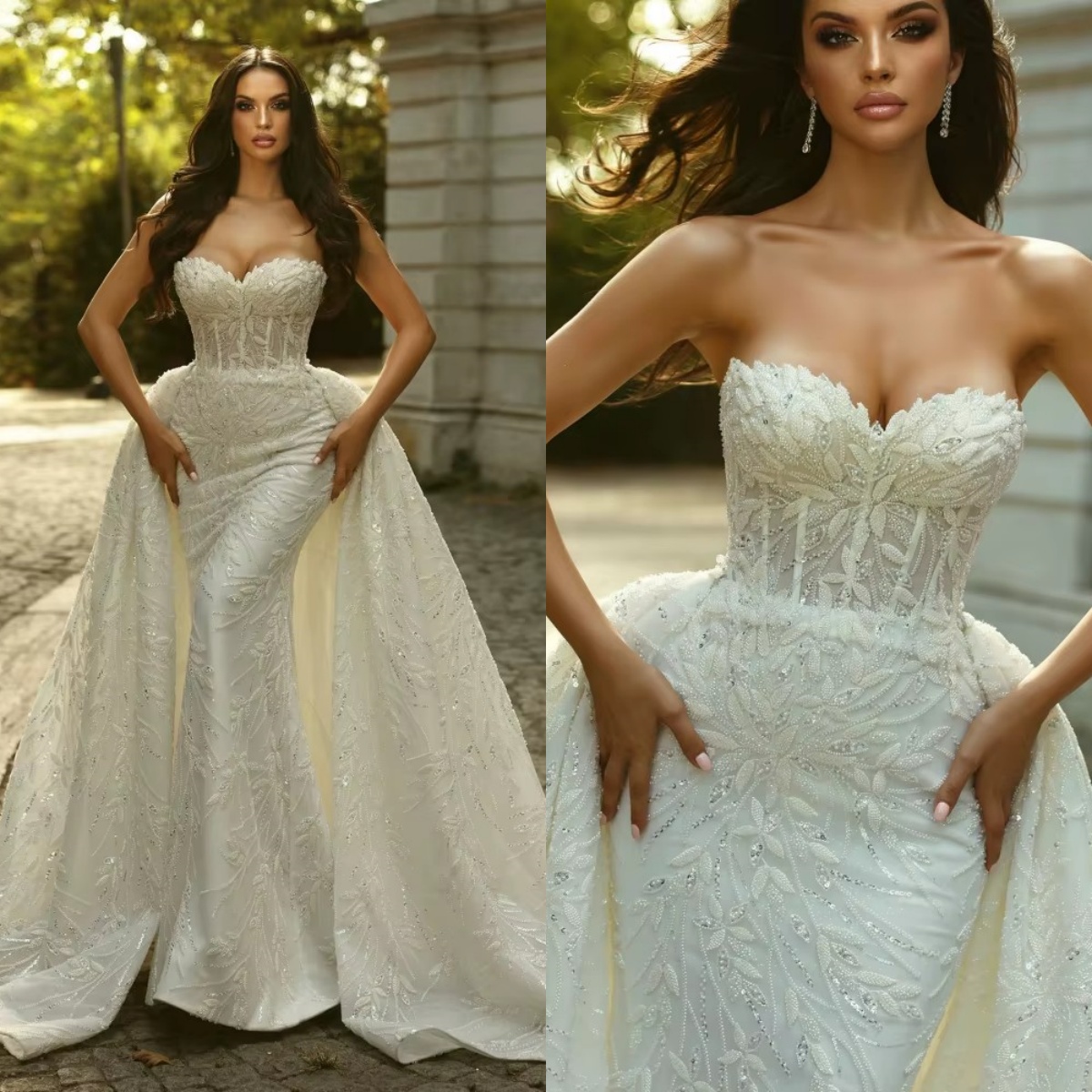 Classic Mermaid Wedding Dress Sweetheart Neck Sleeveless Bridal Gowns Sequins Lace Detachable Train Dresses Custom Made vestidos de novia