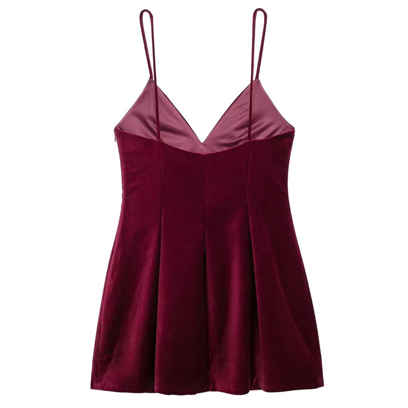 TRAF 2024 Womens Velvet Skirt Wrinkled Tight corset Red Dress Burgundy Sleeveless Backless Tank Top Warm 250206