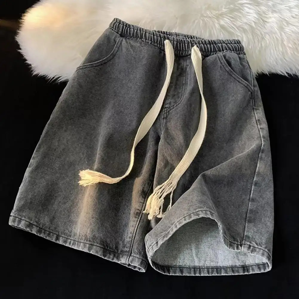 Men Wide-leg Denim Shorts Mens Quick-drying Denim Beach Shorts With Elastic Drawstring Waistband Pockets Summer Wide Leg Shorts 250208